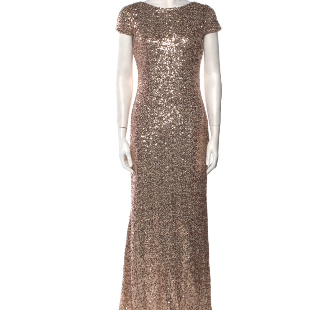 Badgley Mischka,Sequin Cowl Back Gown, rose gold, short sleeves, concealed zip.